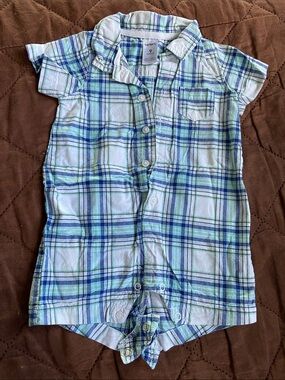Carter's Blue, Green & White Plaid Short-Sleeve Romper